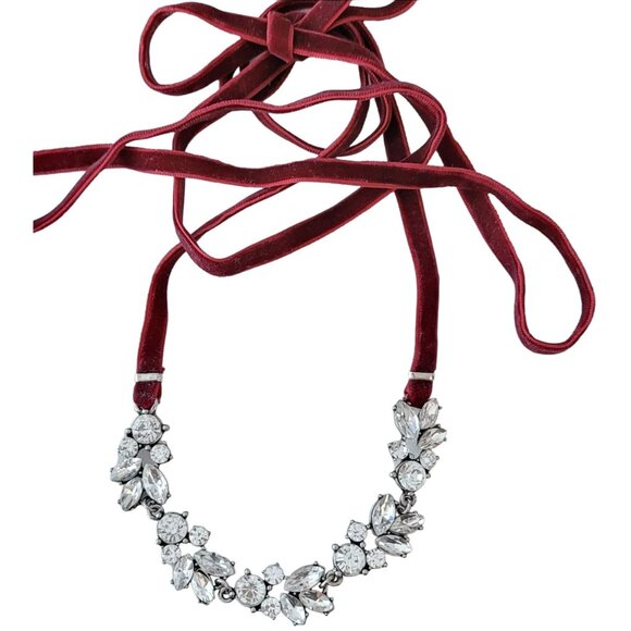 Silver Tone Clear Rhinestone Collar, Red Velvet Cord Statement Necklace 60" Long - Picture 1 of 8